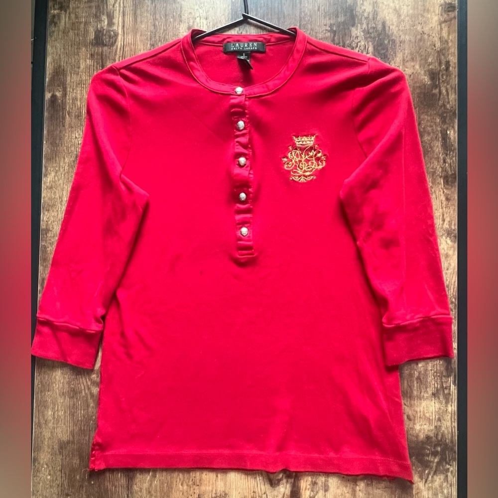 Lauren Ralph Lauren Red Knit Henley Top - Gold Crest Logo - Size S